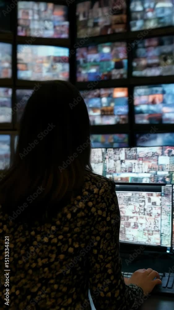 Poster woman sits in front of a wall of monitors displaying various images, data, and patterns, analyzing i