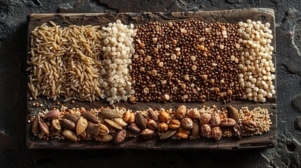 Full width close up of amaranth brown rice buckwheat scattered loosely on rustic board daylight tones photoreal texture emphasis