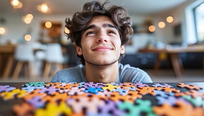 Young Person Engaging With Colorful Jigsaw Puzzle, Thoughtful Expression, Indoor Setting, Focus On