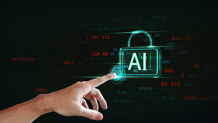 A hand showing technology with generative AI, artificial intelligence, cyber security, safety AI, AI ethic, technology, LLM, large language model concept