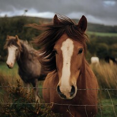 Obraz premium A Chestnut Horse with a White Blaze Gazes Through a Wire Fence.