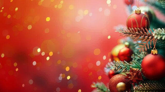 A vibrant and festive image displaying Christmas spirit. A red background is adorned with golden bokeh lights. Evergreen branches with ornaments complete the holiday ambience.