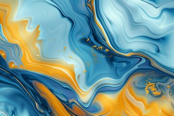Photo of Blue and yellow liquid fluid art pattern. Background texture for backdrops or mapping
