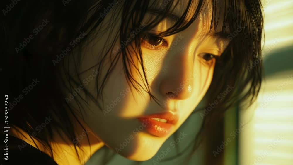 Poster a close-up shot of a woman's face with a blurred background, ideal for use in portraits or as a focu