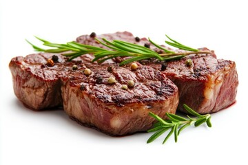 Juicy grilled steak with rosemary and peppercorns on white background. Artificial Intelligence image