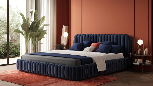 Modern bed with navy blue pillows placed against a burnt orange painted wall