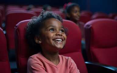 Cheerful black little girl watching movie in theater. High quality