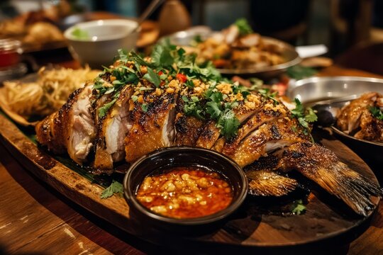 Grilled fish platter with fresh herbs and salsa. Artificial Intelligence image