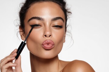 Obraz premium Woman applying mascara making kissy face against white background