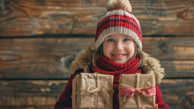 Smiling child in winter clothes holding gifts. Festive joy captured in warm tones against a rustic wooden backdrop, perfect for seasonal greetings and promotions.