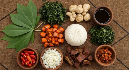 Ingredients for a Traditional Dish: Cassava Leaves, Palm Fruits,