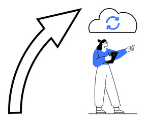 Person holding a tablet points towards cloud sync icon next to a bold upward arrow. Ideal for digital transformation, teamwork, cloud technology, progress, analytics, innovation, simple landing page