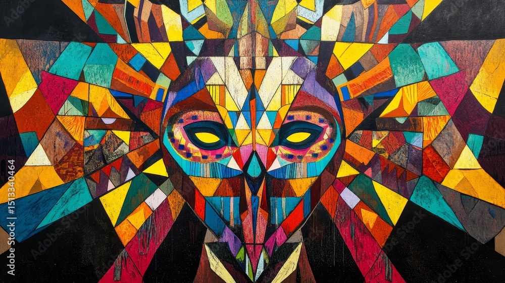 Poster abstract colorful geometric pattern with a central figure and glowing eyes.