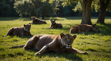 animals taking a peaceful break, lying in the grass or relaxing in the shade,generaitive.ai