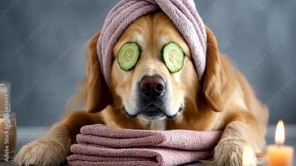 Poster golden retriever enjoys a spa day complete with cucumbers and soft towels in a relaxing setting