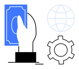 Hand holding blue currency note with a gear symbol and globe outline illustrating global finance, business automation, and technology. Ideal for fintech, e-commerce, startups, payments