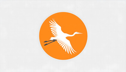 White Crane in Flight, Orange Circle Logo, Minimalist Vector Illustration