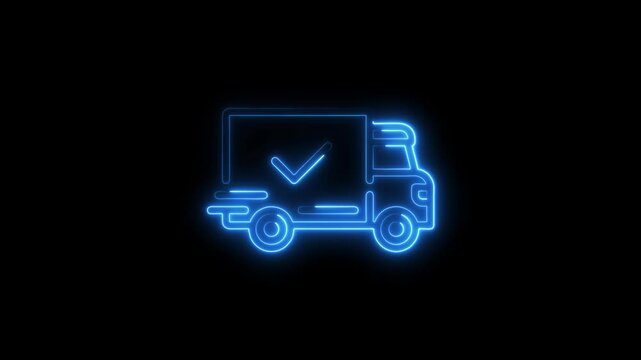 Neon animation of a delivery truck with a check mark symbolizing successful logistics service