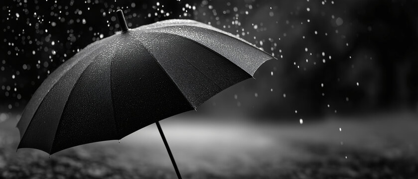 Rainy Day Serenity: An umbrella stands against the rain in a black and white photo. Capture the contrast of dark silhouette of umbrella and gentle rain and the tranquil atmosphere.  - Powered by Adobe