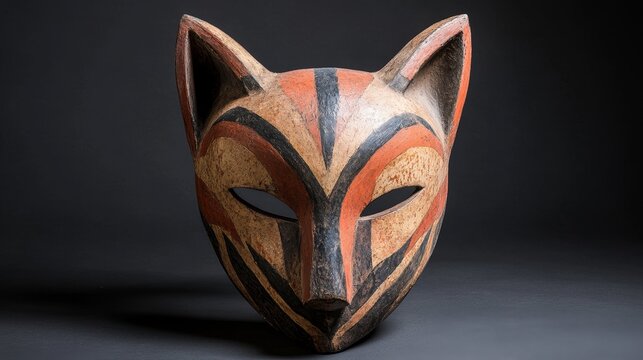 A wooden mask shaped like a fox face with painted details.