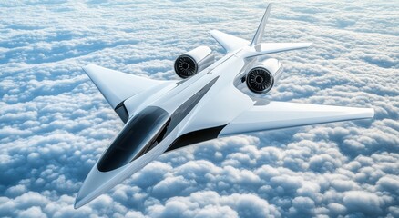 Sleek, white private jet soars above a sea of fluffy white clouds, showcasing futuristic design and powerful engines