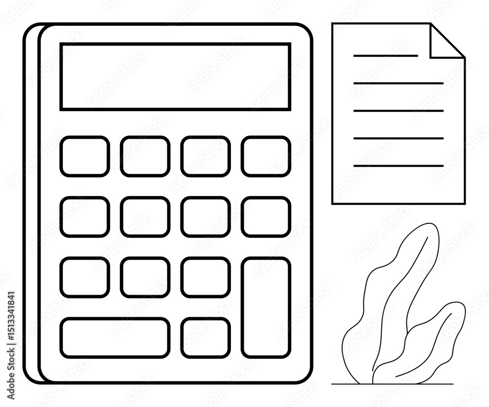 Poster calculator with numeric buttons, document with lines, and abstract plant. ideal for accounting, fina
