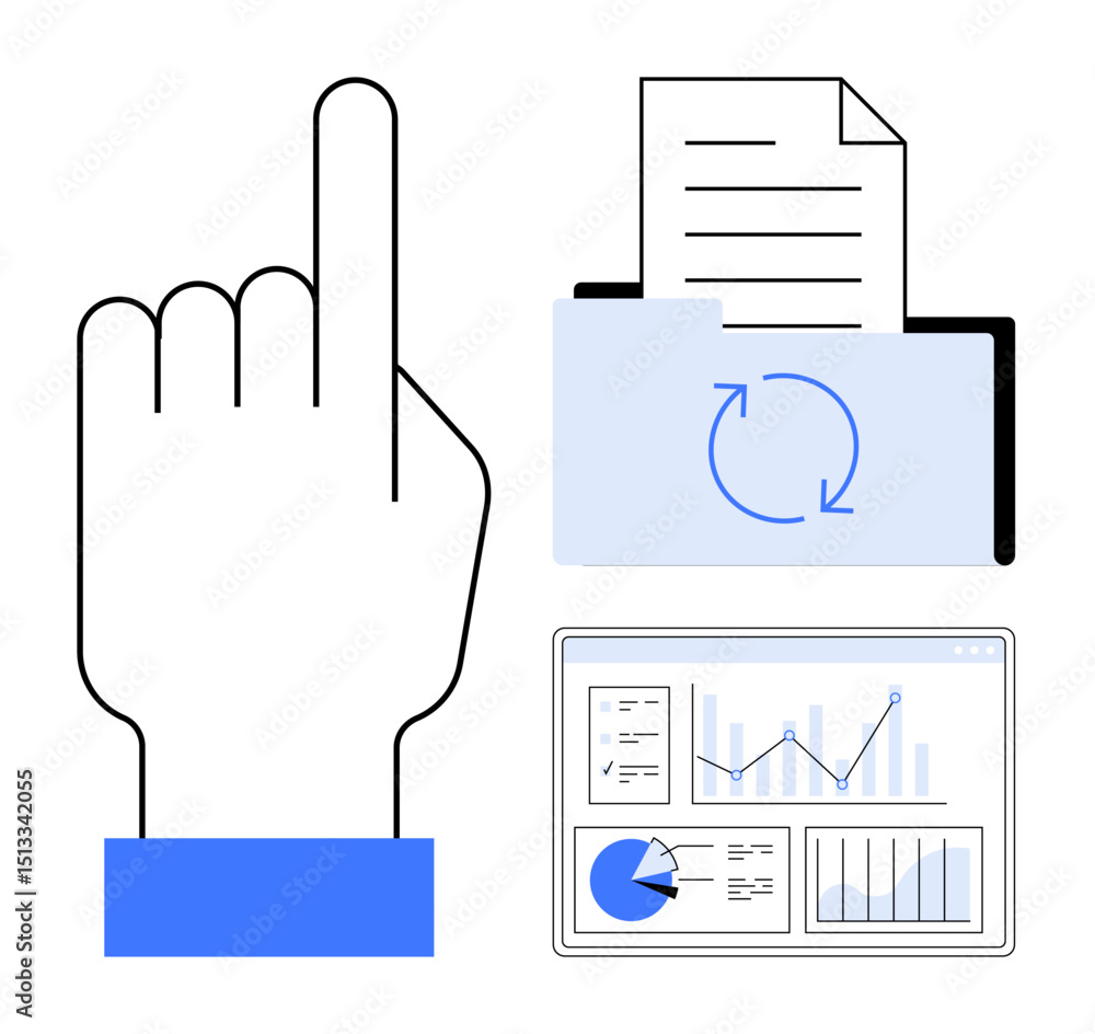 Poster finger pointing upward, file folder with arrows for syncing, and screen with pie charts and graphs. 
