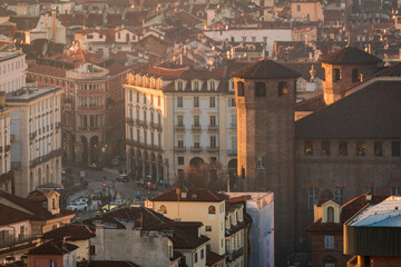 Turin Landscape view from the top of the Mole Antonelliana. Palazzo Madama and Piazza Castello.
