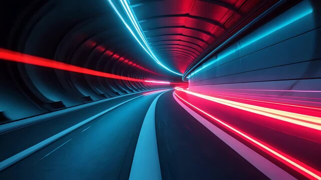 Curved futuristic tunnel with high-speed red and blue light trails creating motion blur along smooth road in dark neon-lit environment

