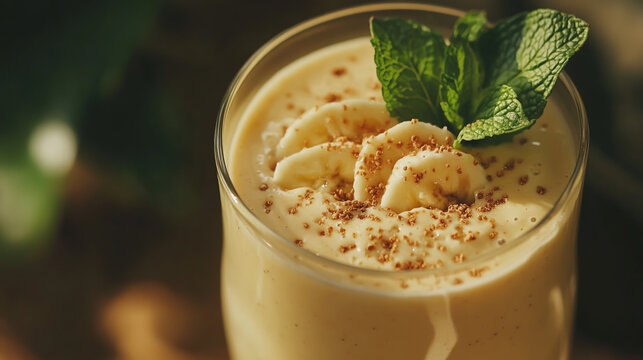 Photo of a beige smoothie with banana and mint, sprinkled with cumin seeds on top, close-up view, macro shot. The glass is filled to the brim with creamy orange liquid and garnished. 