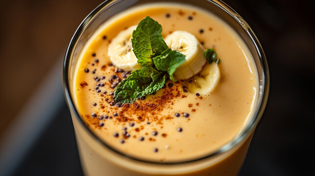 Photo of a beige smoothie with banana and mint, sprinkled with cumin seeds on top, close-up view, macro shot. The glass is filled to the brim with creamy orange liquid and garnished .