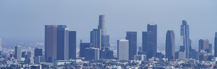 Fototapeta premium Los Angeles City Downtown Skyline in the Sky during Summer in Panorama, California