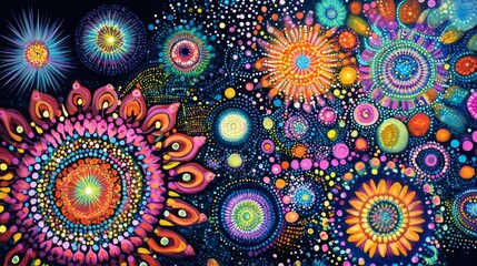 Colorful abstract floral patterns with circles and dots on a dark background.