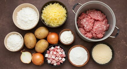 Overhead View of Ingredients for a Hearty, Rustic Potato and Mea