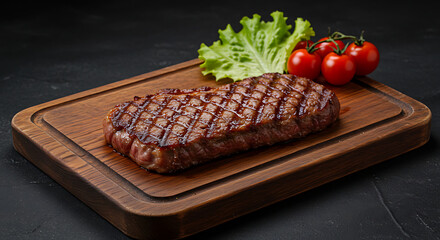 Juicy Grilled Steak on Wooden Board with Cherry Tomatoes and Lettuce