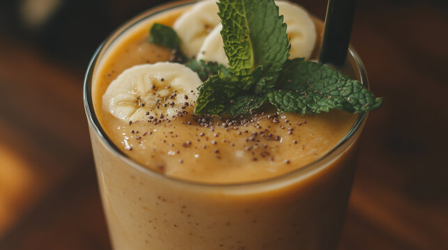 Photo of a beige smoothie with banana and mint, sprinkled with cumin seeds on top, close-up view, macro shot. The glass is filled to the brim with creamy orange liquid and garnished .