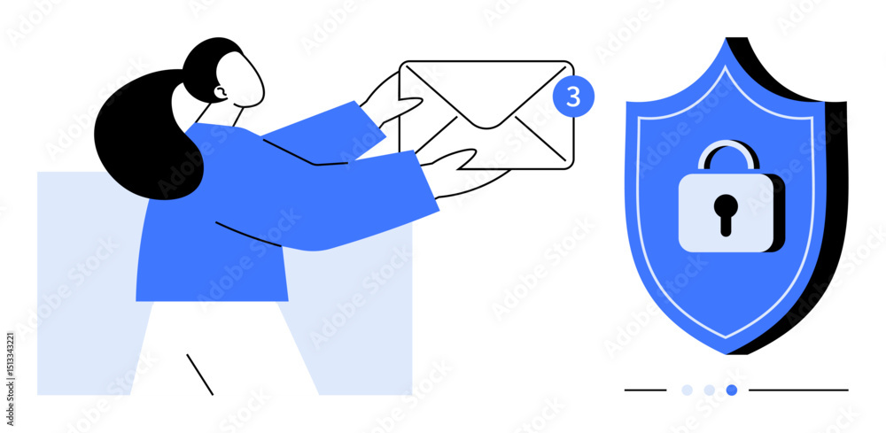 Poster woman holding an envelope with a new message notification near a shield with a lock, symbolizing sec