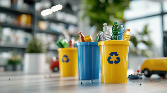 Recycling bins filled with plastic bottles in bright, modern workspace, promoting eco friendly practices and sustainability