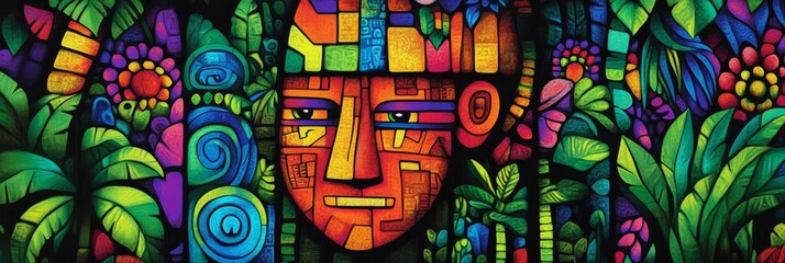 Colorful illustration of a face with a headdress surrounded by tropical foliage.