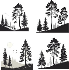 Fototapeta premium Pine Tree Forest Silhouette Vector set Landscape Clipart Set