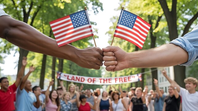 Diverse hands holding american flags with a crowd celebrating patriotism and the ideals of freedom - Powered by Adobe