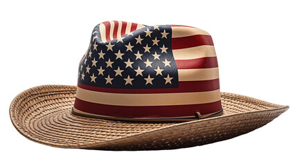 Flag cowboy hat, retro western style, patriotic summer accessory, red white blue stars, vintage straw design, isolated on transparent background.