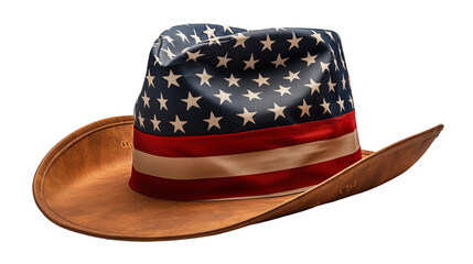 Leather flag cowboy hat, western patriotic style, brown vintage design, USA pride symbol, summer fashion, isolated on transparent background.