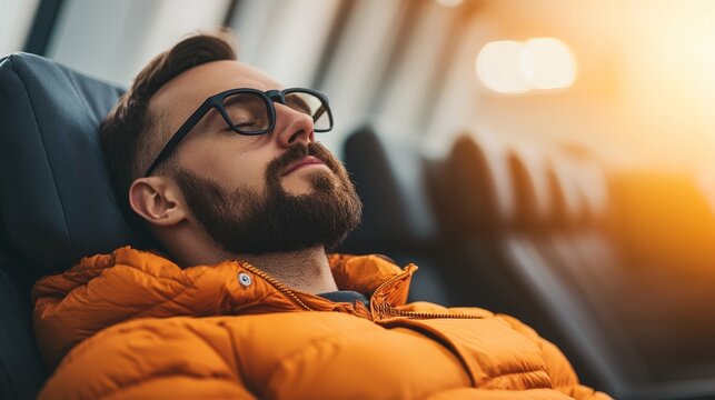 Tranquil Male Traveler Relaxing at Airport Gate during Layover, Waiting for Connecting Fligh