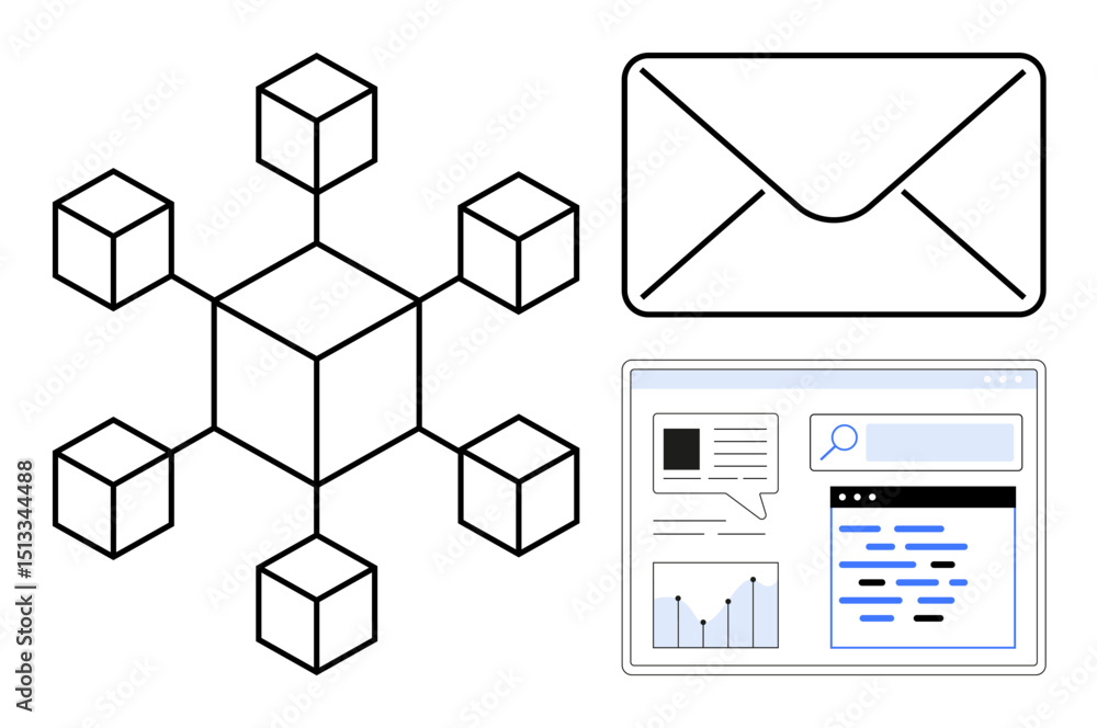 Poster network blocks structure, envelope symbolizing email, and webpage layout highlighting communication,