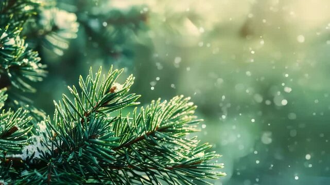 Closeup view of an evergreen branch with soft snowfall. The background features a blurred bokeh effect, creating a peaceful, wintery atmosphere. Perfect for holiday content.