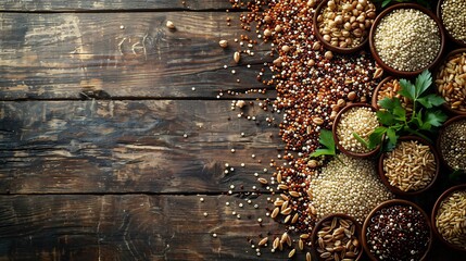 Wide format view of quinoa barley brown rice arranged organically on a natural wood background ambient daylight clean space on sides for text or overlay