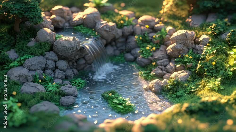 Poster a serene forest scene with a small stream flowing through the lush green vegetation