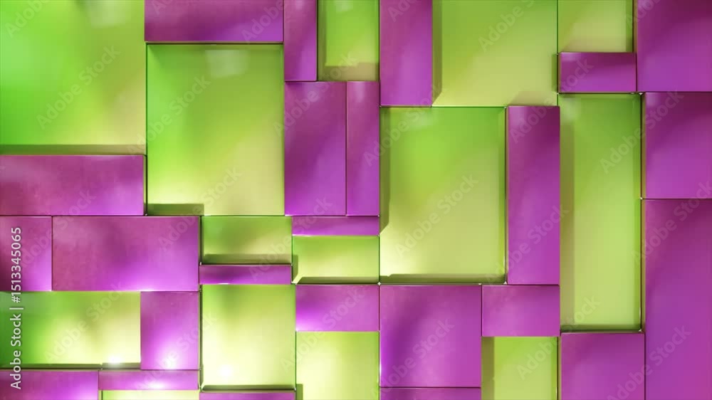 Poster purple and green rectangular shapes of different sizes move subtly, creating an abstract and dynamic