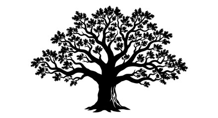 Majestic Oak Tree Silhouette A Black and White Illustration